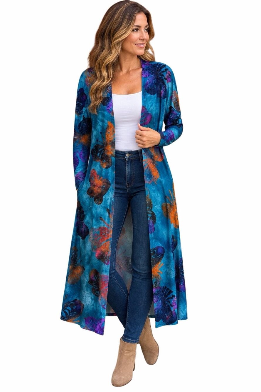 Pyramid Collection Butterfly Print Long Cardigan Duster Teal boho Womens S NWOT
